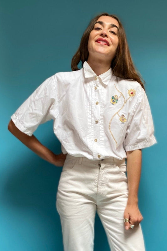 Vintage 80s White Shirt with Chain Embroidery