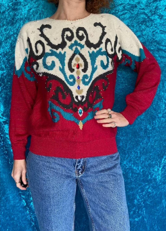 Vintage 1980s Jumper With Gems and Pearls.