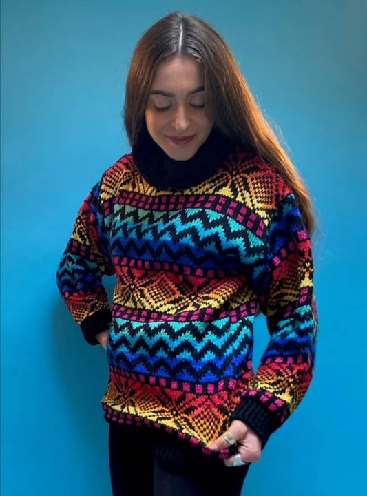 Vintage 1980s Rainbow Knitted Rollneck Jumper.