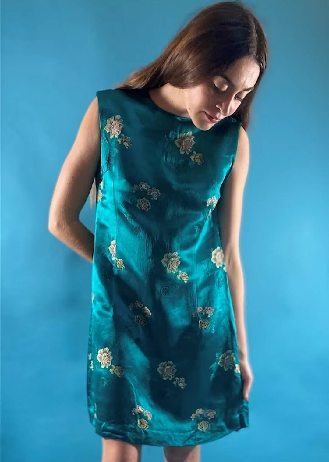 Vintage Revival Chinoiserie Satin Blue Dress.