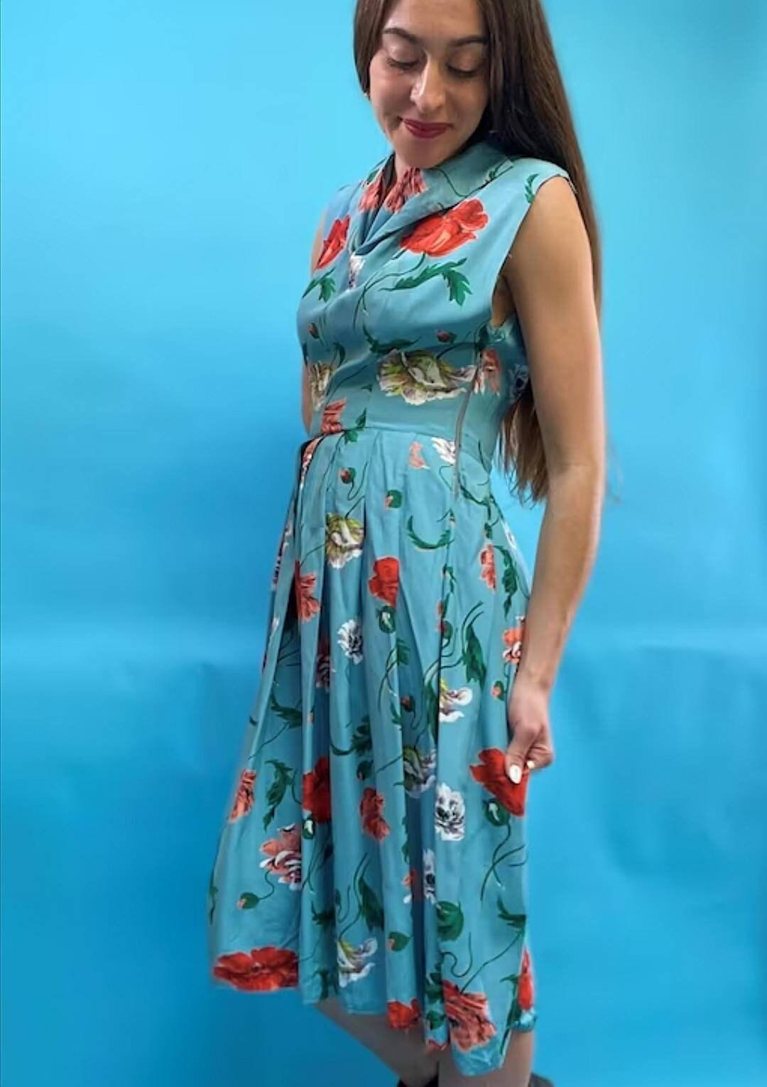 Handmade 1950s Vintage Floral Poppy Print Blue Multicolour Collared Tea Dress UK 6 8