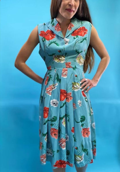 Handmade 1950s Vintage Floral Poppy Print Blue Multicolour Collared Tea Dress UK 6 8