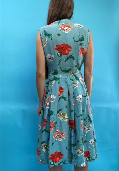 Handmade 1950s Vintage Floral Poppy Print Blue Multicolour Collared Tea Dress UK 6 8