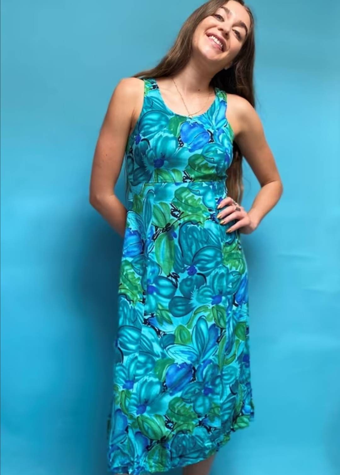 Vintage 90s Maxi Floral Print Blue and Green Dress.