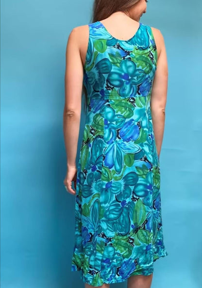 Vintage 90s Maxi Floral Print Blue and Green Dress.