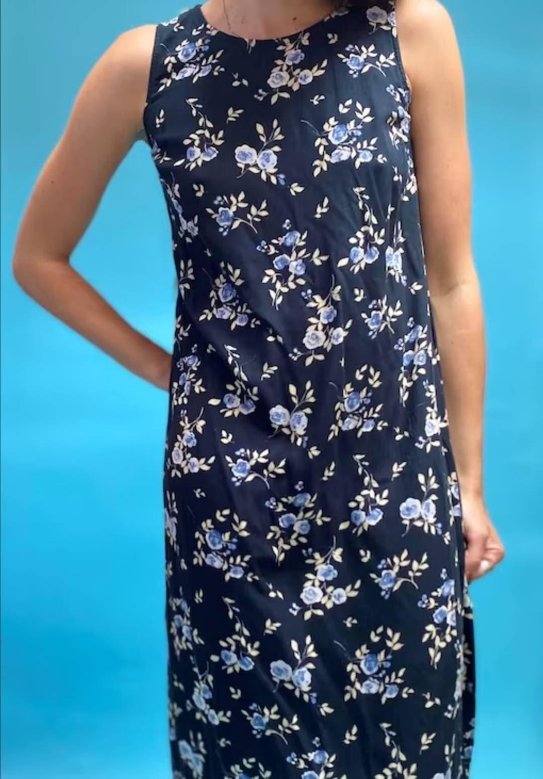 Vintage Floral Printed Blue and Black Dress.