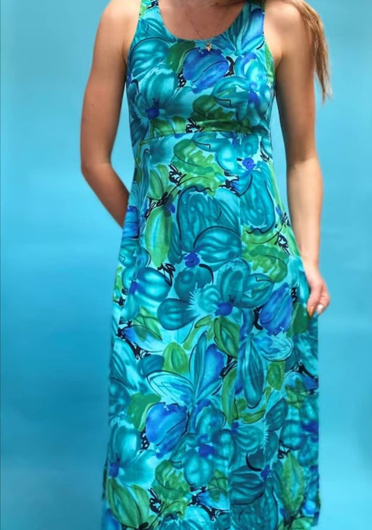 Vintage 90s Maxi Floral Print Blue and Green Dress.