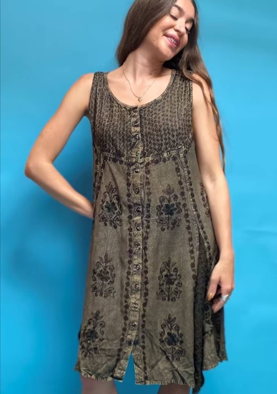 Vintage 90s Embroidered Distressed Denim Brown Dress.