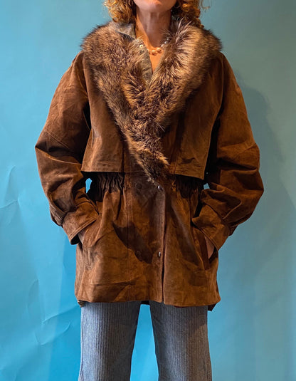 Vintage 1990s Suede Anorak with Big Fur Collar