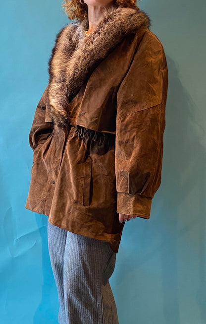 Vintage 1990s Suede Anorak with Big Fur Collar