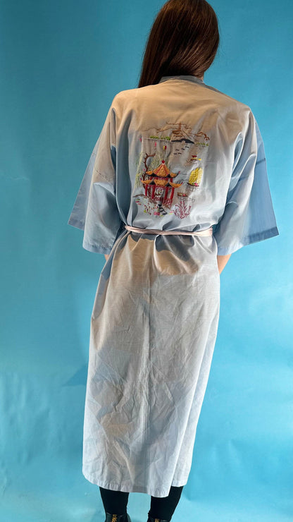 Vintage Embroidered Crane Light Blue Robe or Kimono.