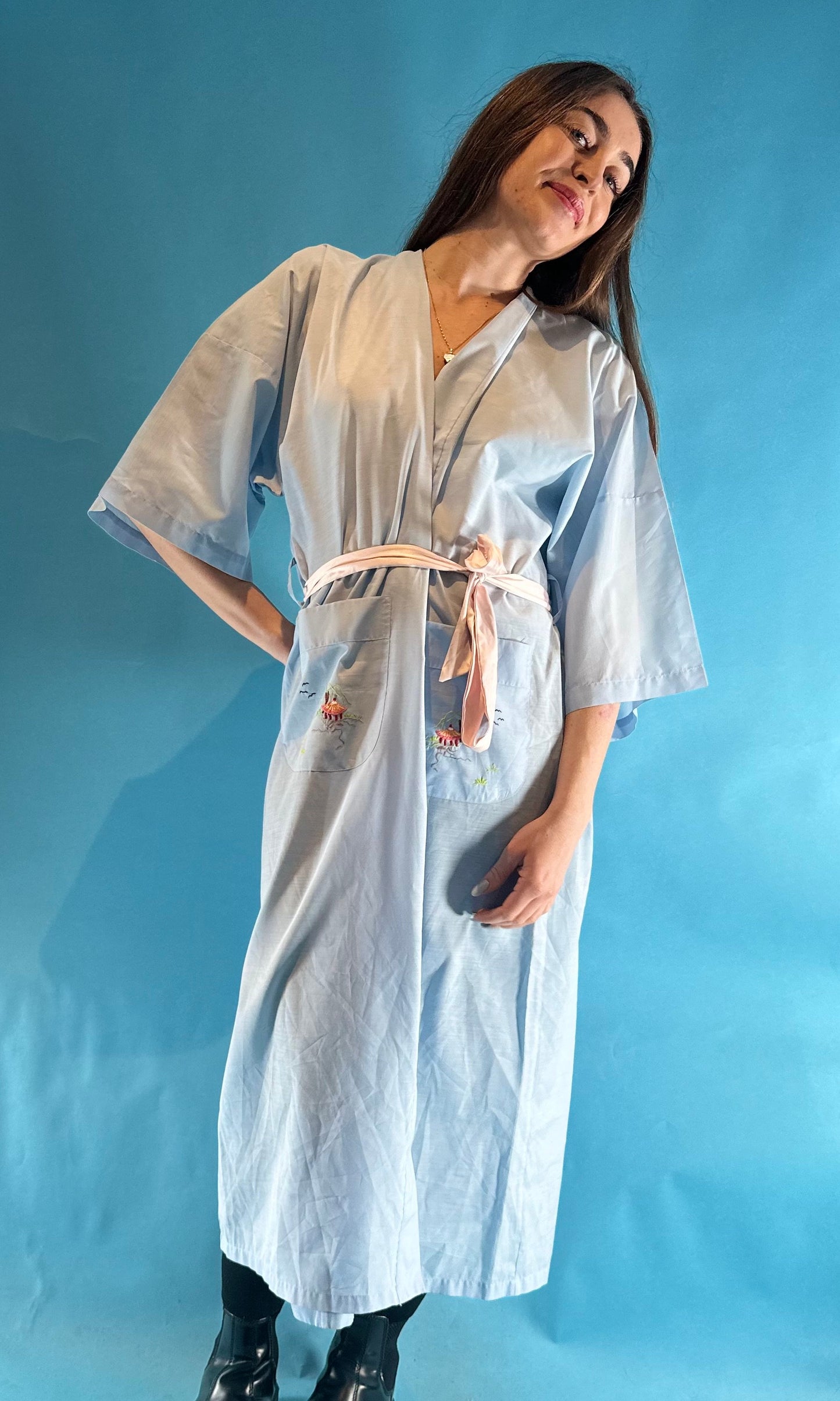 Vintage Embroidered Crane Light Blue Robe or Kimono.