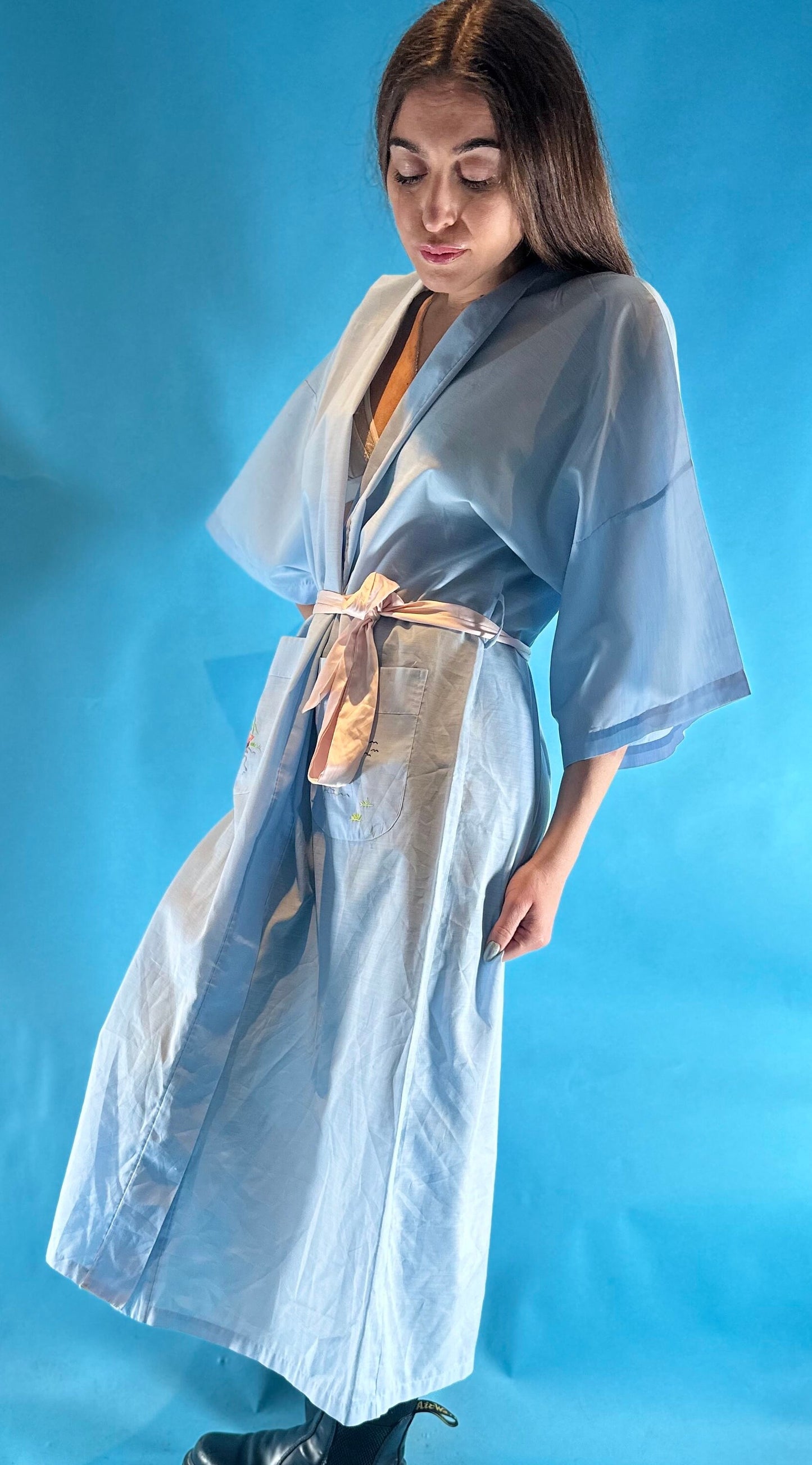 Vintage Embroidered Crane Light Blue Robe or Kimono.