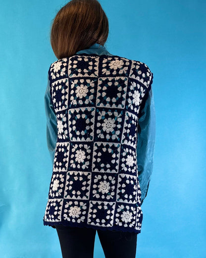 Vintage 1970s Handmade Navy Crochet Waistcoat.