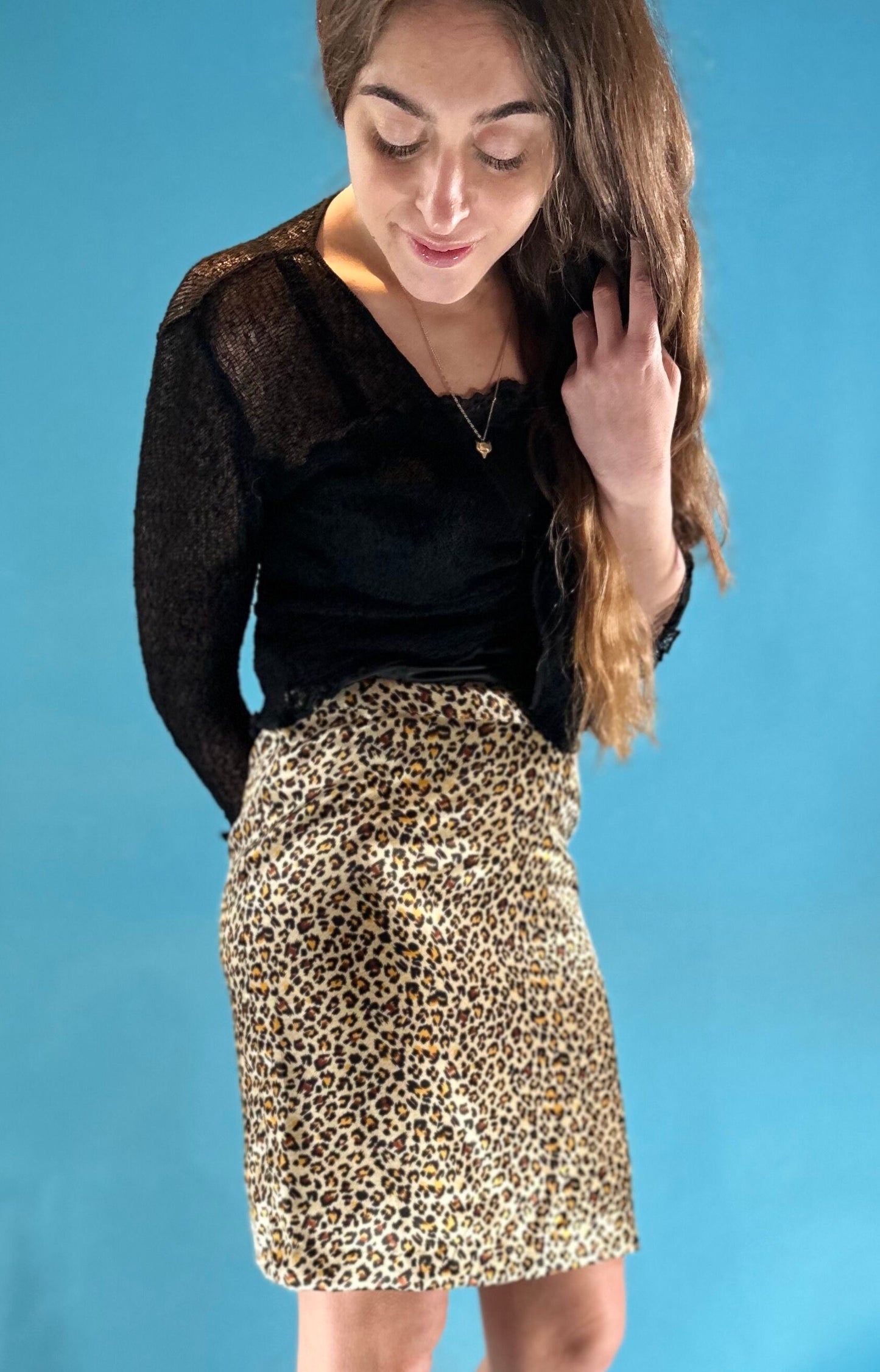 Vintage 1990s Leopard Print Pencil Knee Length Skirt.