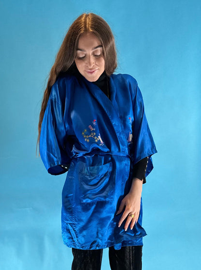 Vintage 1980s Satin Electric Blue Embroidered Japanese Kimono Style Short Robe.