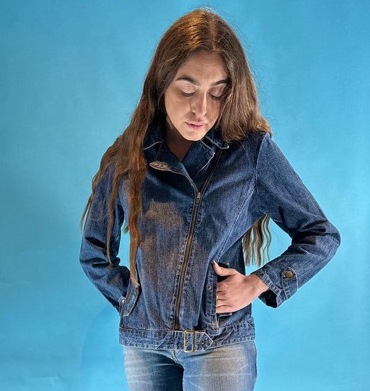 Vintage Y2K Denim Asymmetric Zip Up Biker Style Jacket with Belt and Pocket Details.