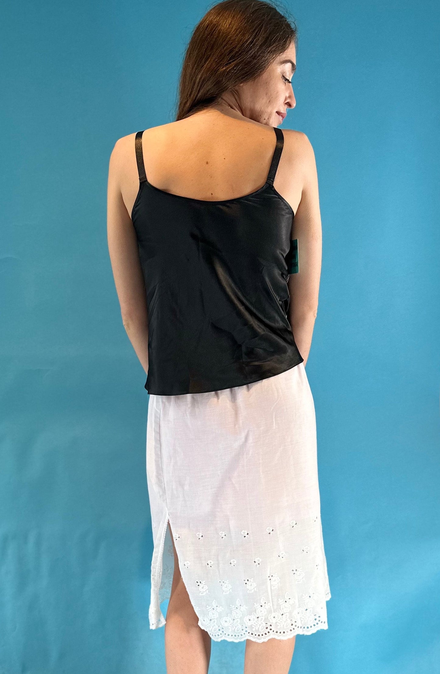 Vintage Y2K Black Square Neck Silk Cami Slip Top with Floral Details.