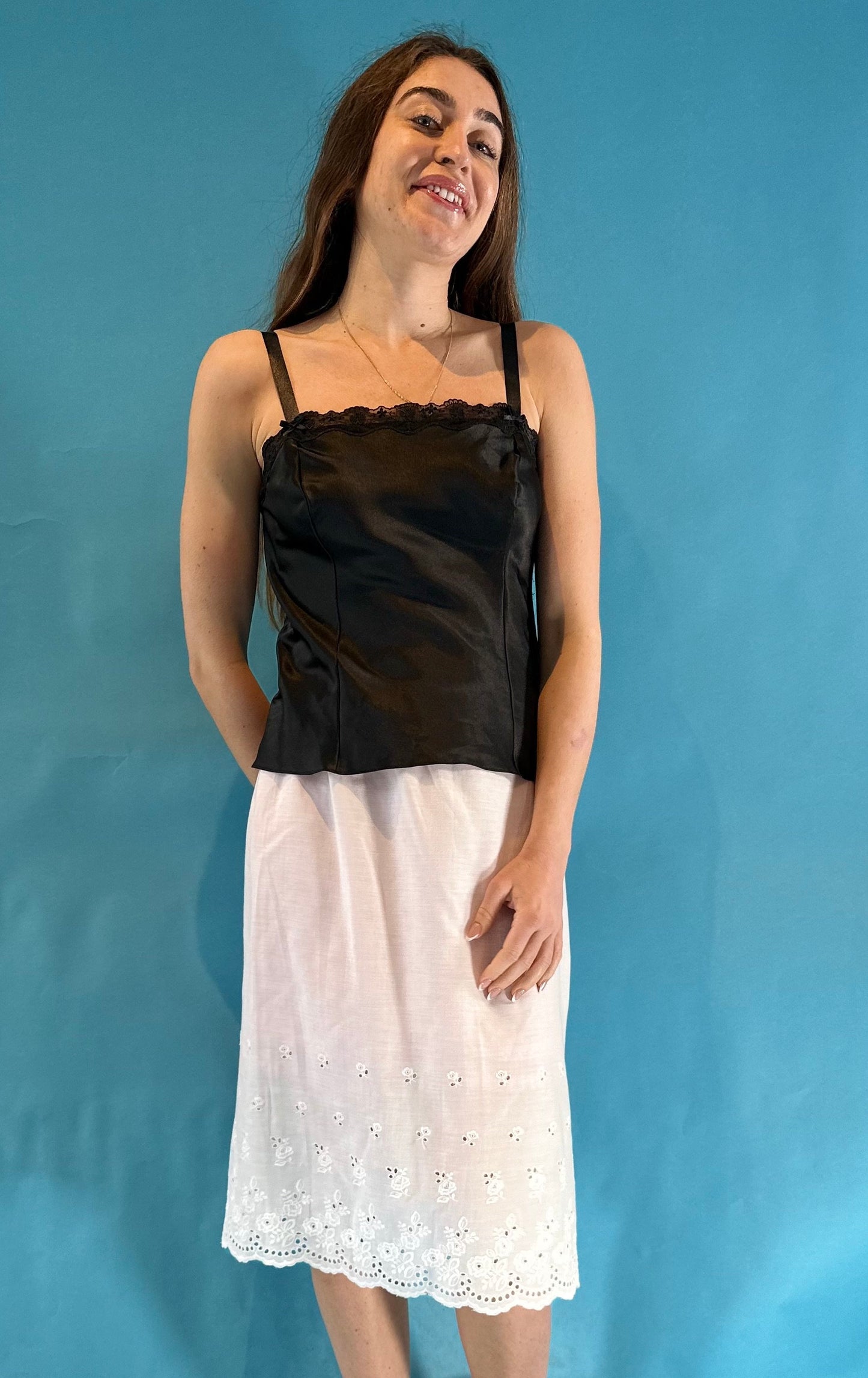 Vintage Y2K Black Square Neck Silk Cami Slip Top with Floral Details.