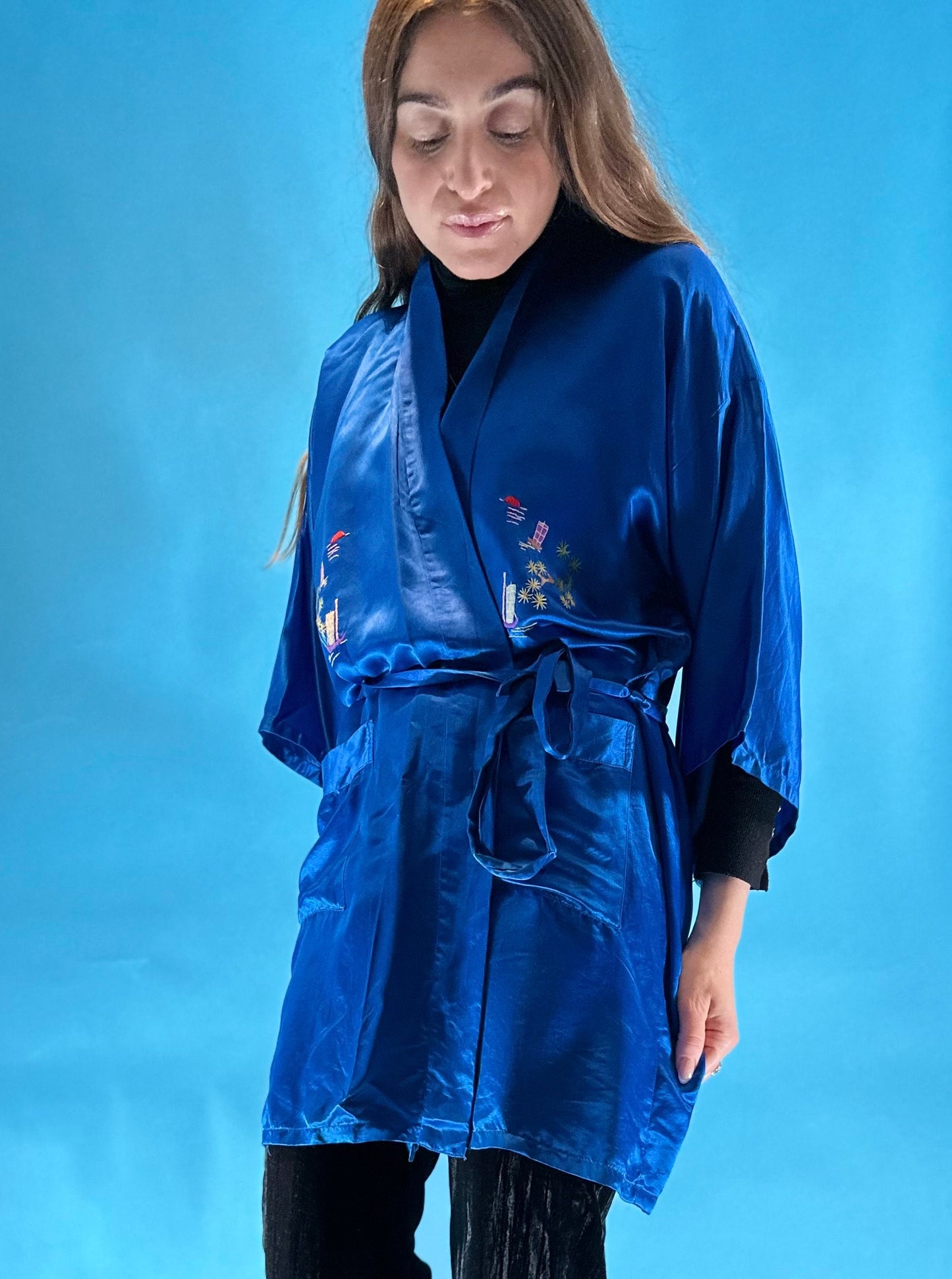 Vintage 1980s Satin Electric Blue Embroidered Japanese Kimono Style Short Robe.