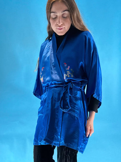 Vintage 1980s Satin Electric Blue Embroidered Japanese Kimono Style Short Robe.