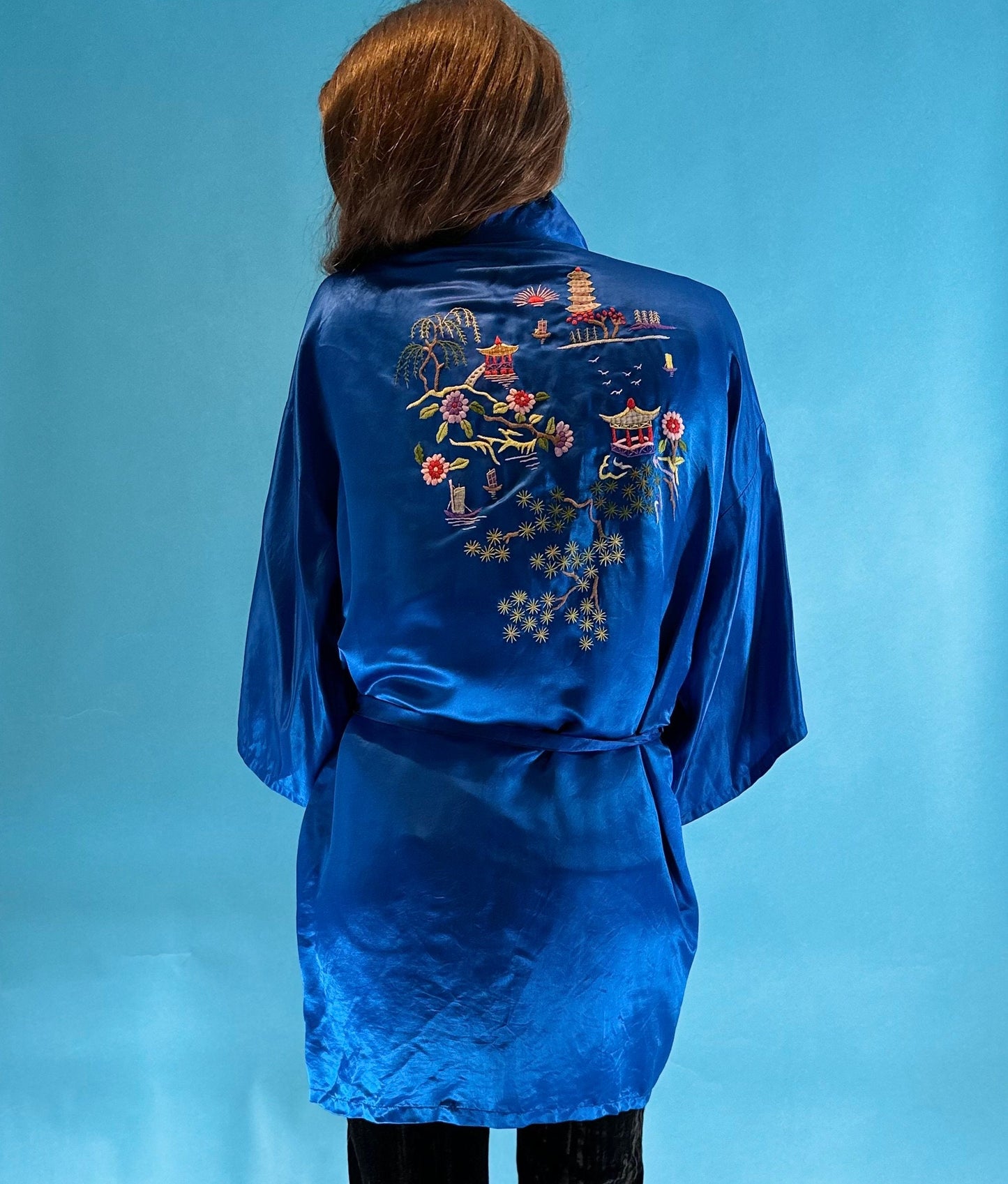 Vintage 1980s Satin Electric Blue Embroidered Japanese Kimono Style Short Robe.