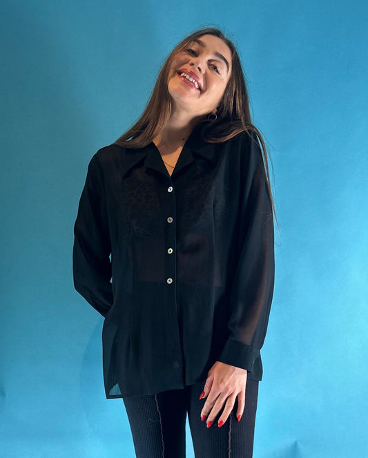 Vintage Long Sleeve Black Sheer Shirt with Shell Buttons.