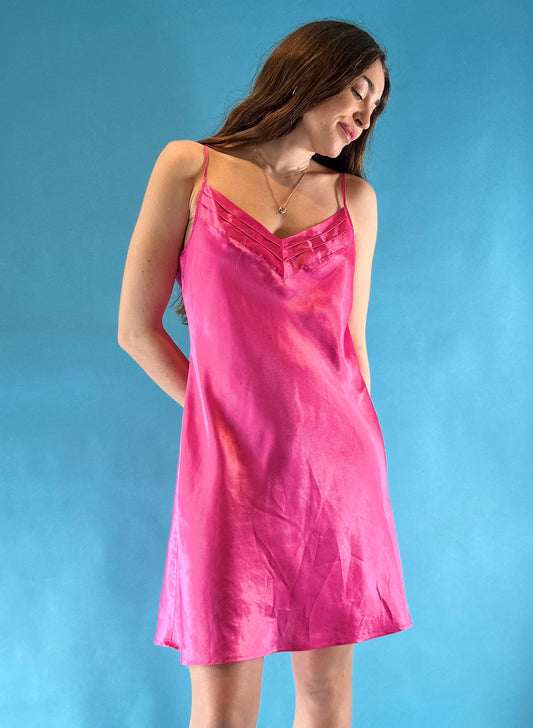 Vintage 1990s Y2K Hot Pink Mini Slip Dress.