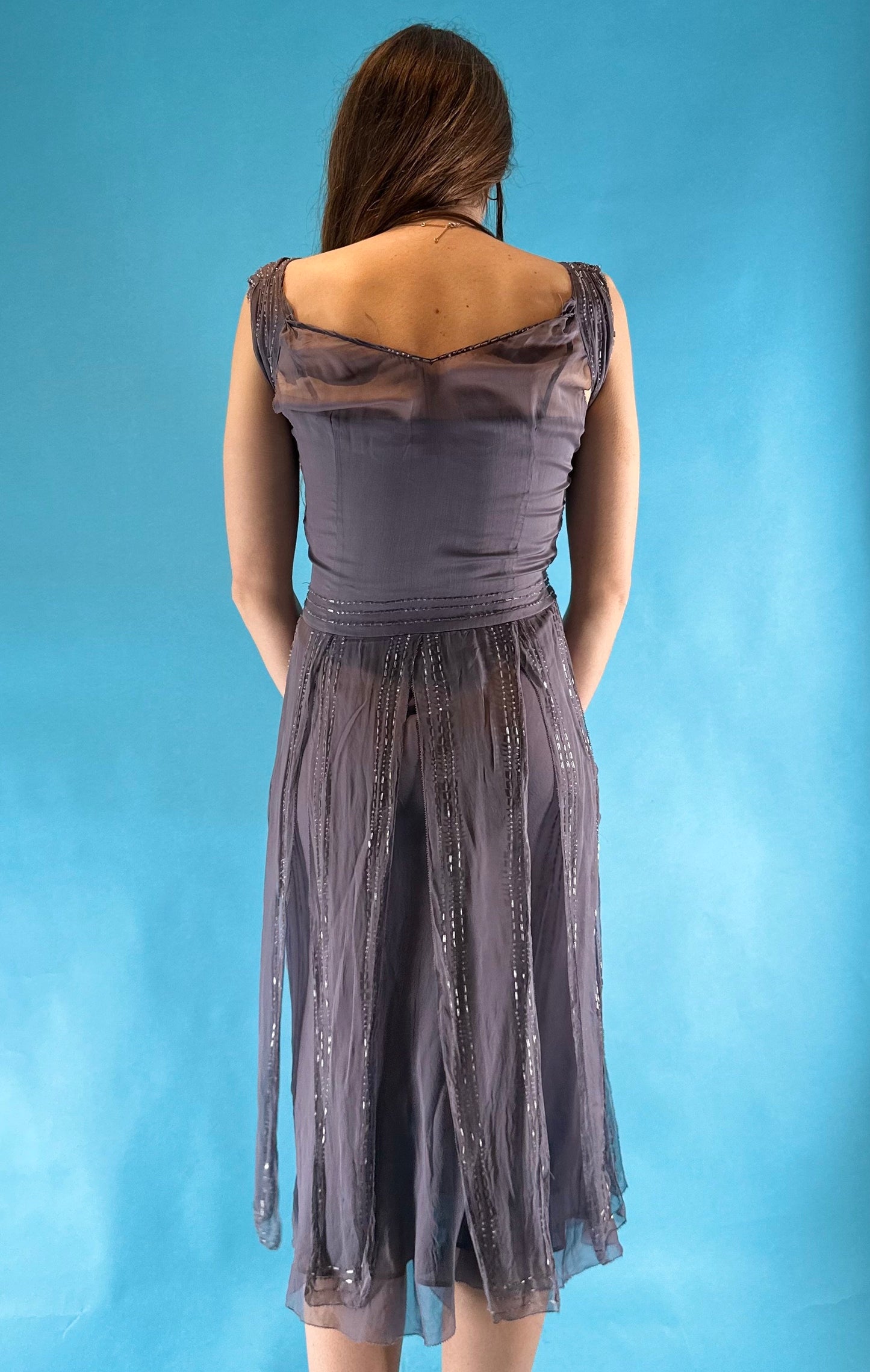 Vintage 1990s Y2K Beaded Embellished Mauve 100% Silk Midi Dress.