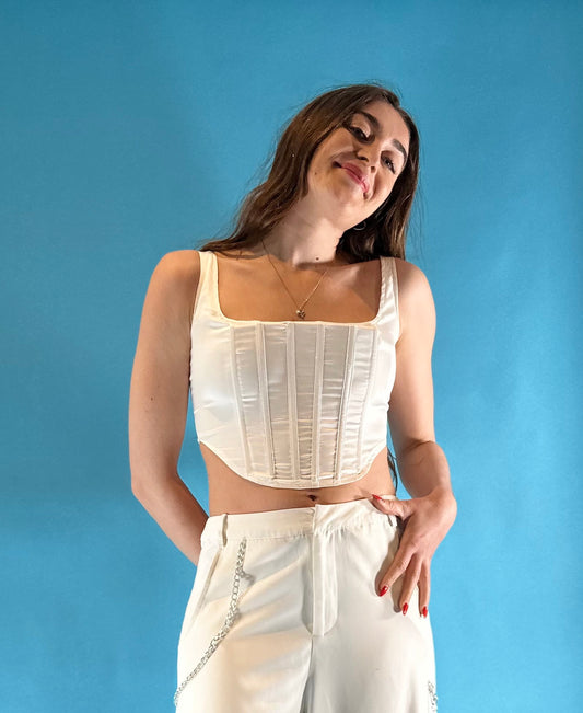 Vintage Y2K White Boned Square Neck Cropped Corset Top.