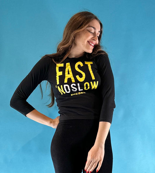 Black Diesel Fast No Slow 3/4 Length Sleeves Graphic Top XS S