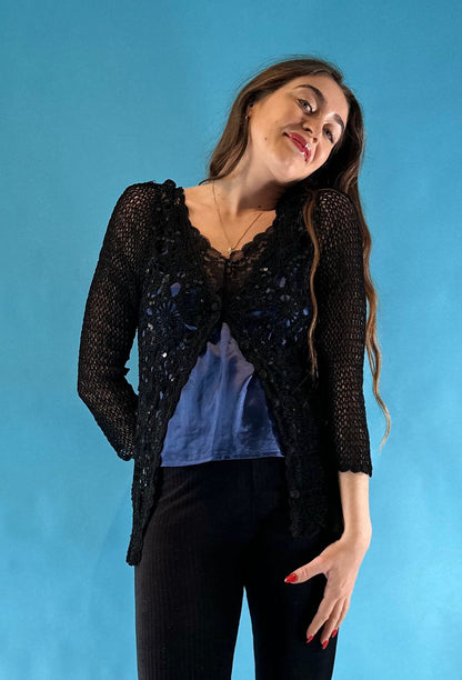 Vintage Y2K 2000s Black Crochet Knit Cardigan with Sequins.