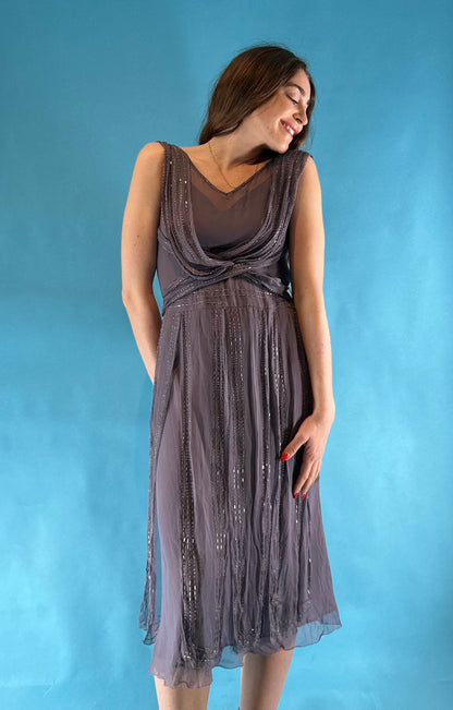 Vintage 1990s Y2K Beaded Embellished Mauve 100% Silk Midi Dress.