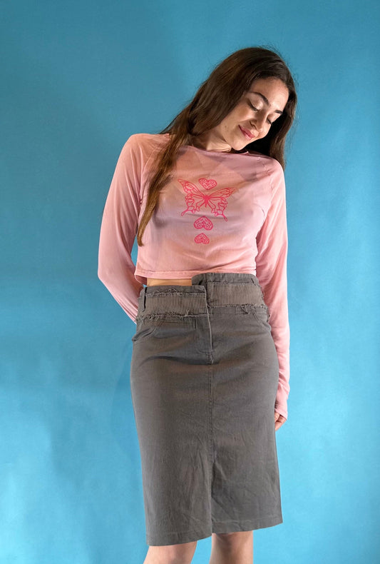 Vintage 1990s Grey Denim Pencil Midi Skirt.