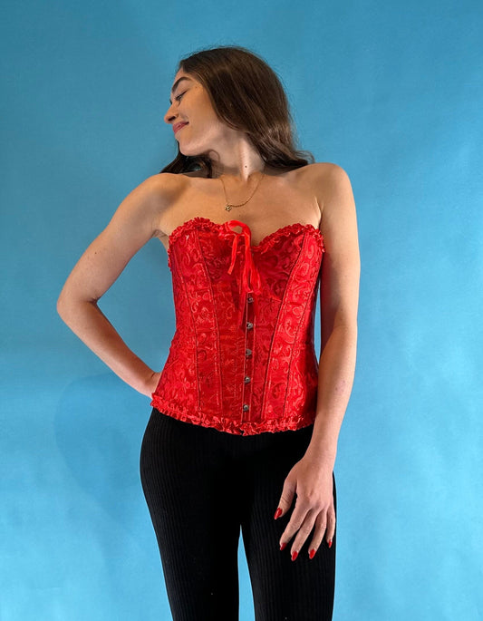 Vintage Y2K 2000s Red Lace Ribbon Tie Corset Top.