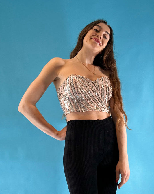 Vintage Y2K Sequin Corset Bandeau Crop Top.