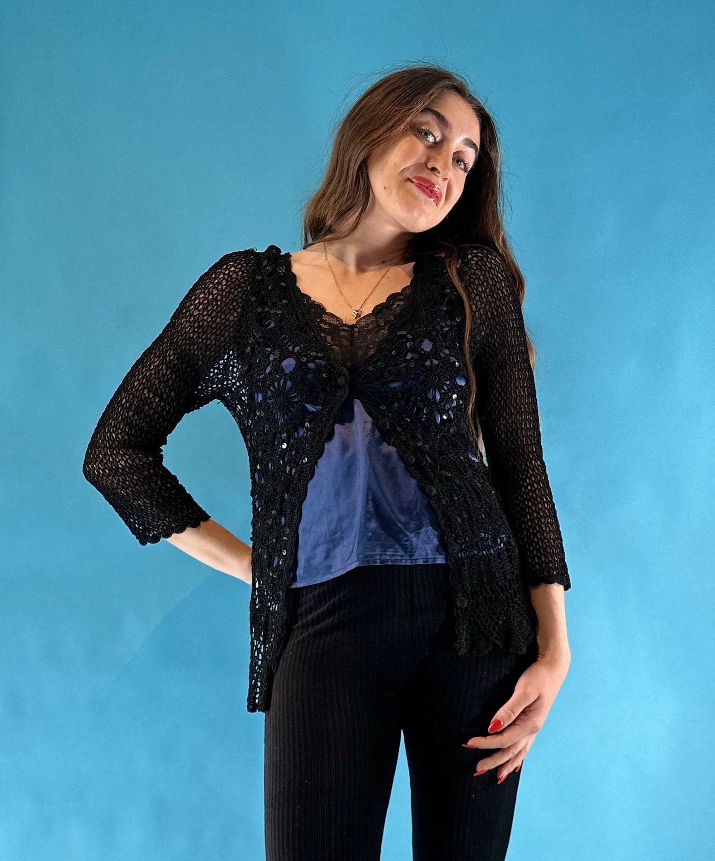 Vintage Y2K 2000s Black Crochet Knit Cardigan with Sequins.