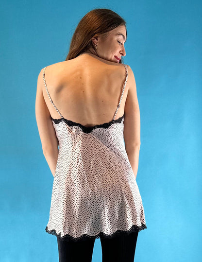 Vintage Y2K 2000s Polka Dot Pink Black Satin Cami Slip Top with Lace Trim.