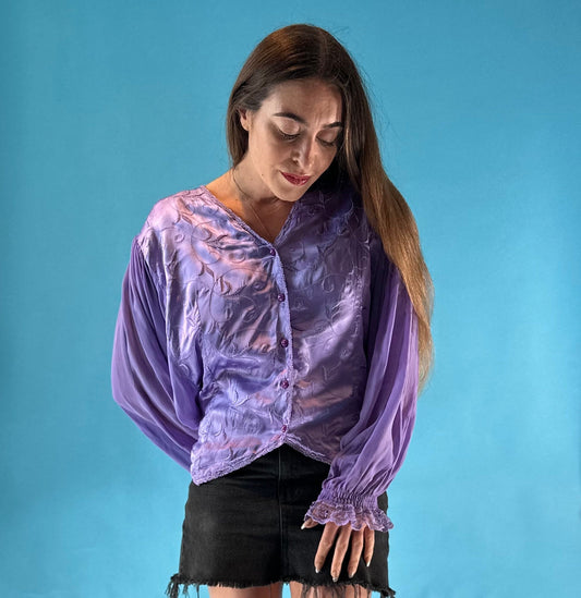 Beautiful Vintage 1970s Purple Balloon Sleeve Textured Blouse S M