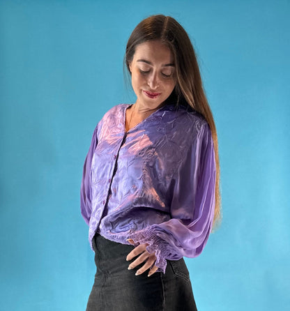 Beautiful Vintage 1970s Purple Balloon Sleeve Textured Blouse S M