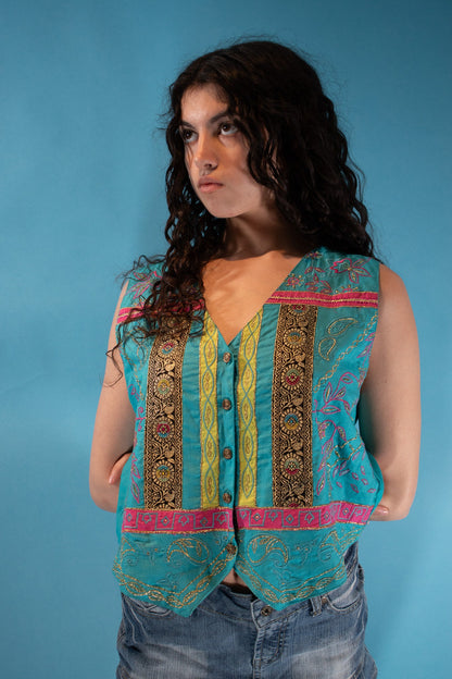 Vintage 1980s Size L Embroidered Indian Waistcoat in Turquoise.