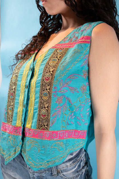 Vintage 1980s Size L Embroidered Indian Waistcoat in Turquoise.