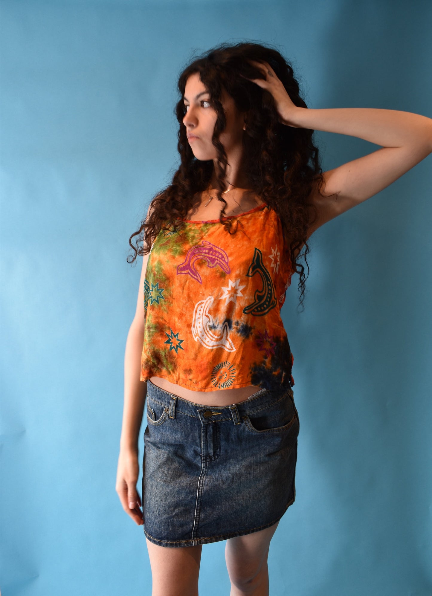 Vintage Y2K 1990s Size M/L Tie Dye Cami Top with Dolphins in Multi Colour.