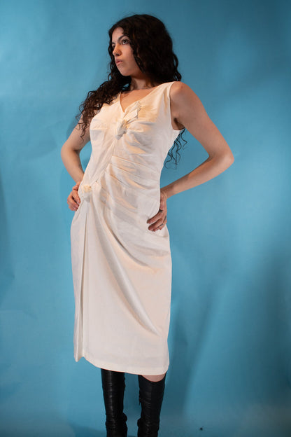 Vintage 1980s Size M Betty Barclay V Neck Dress in White.