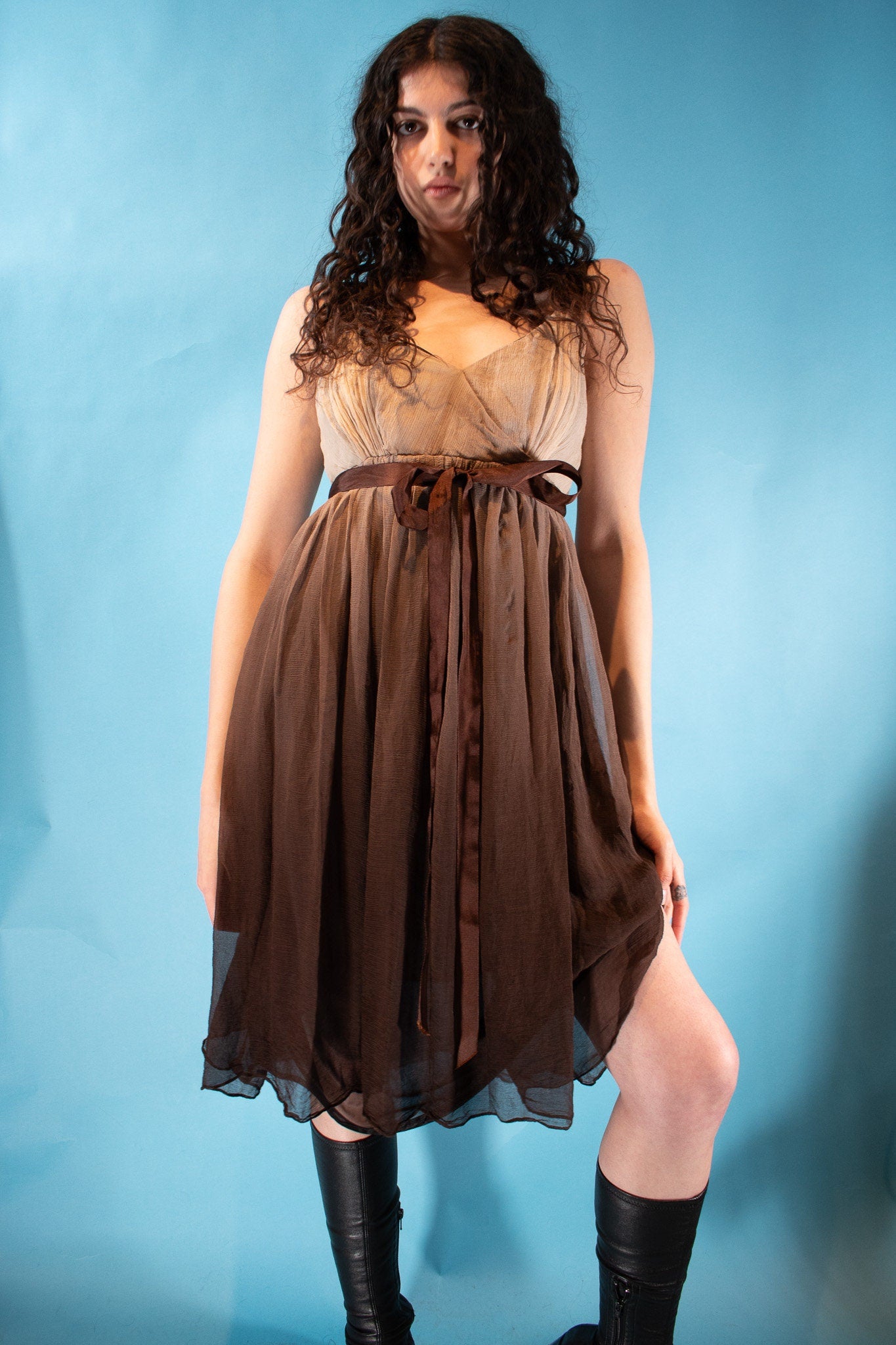 Vintage 1990s Y2K Size S Waterfall V Neck Wrap Dress in Brown Ombre.