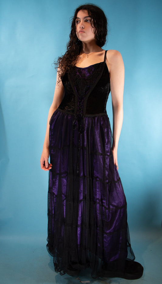 Vintage Y2K Size M Gothic Velvet Tulle and Satin Maxi Dress in Black and Purple.