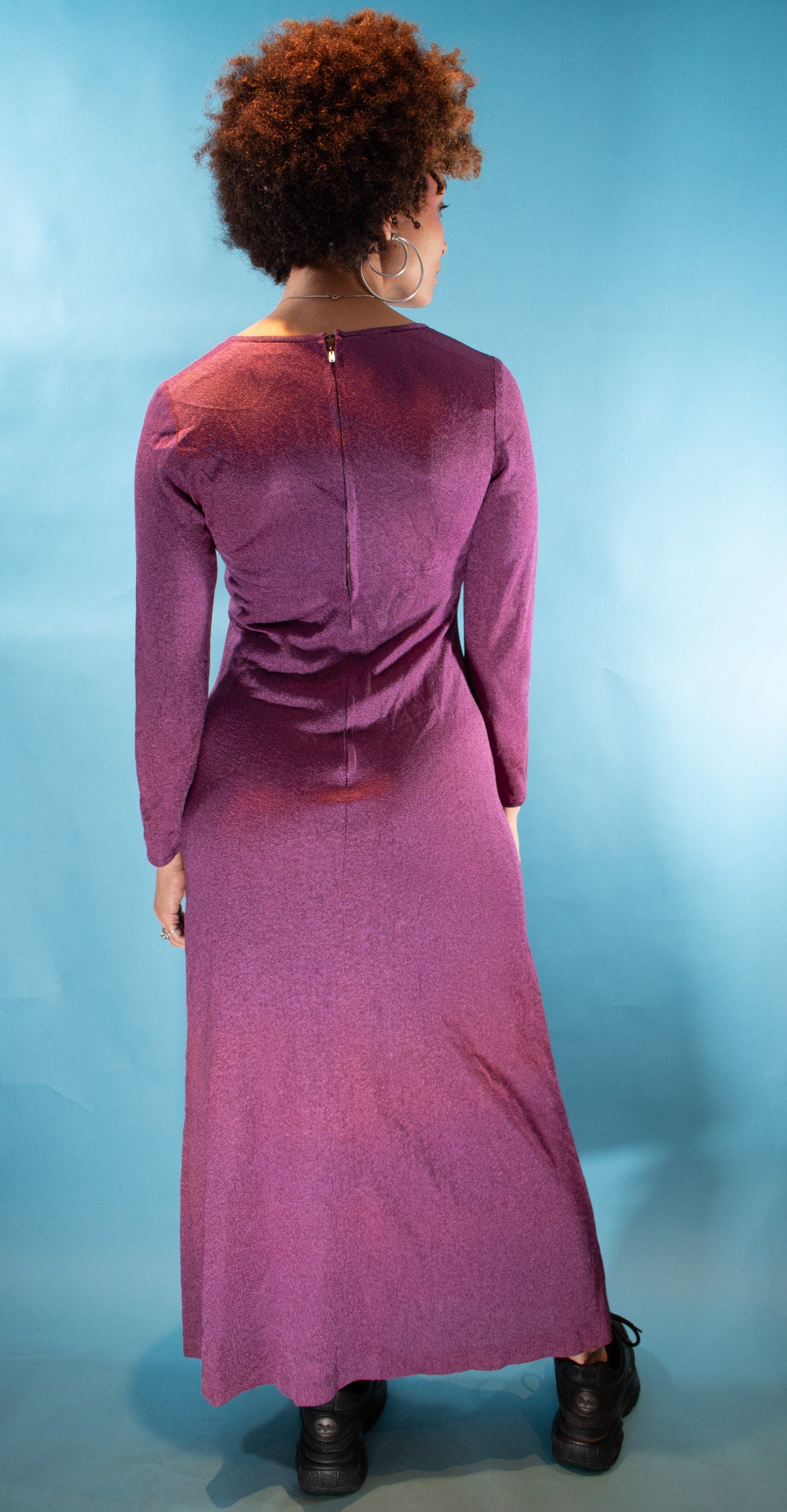 Vintage 1970s Size S Lurex Long Sleeve Maxi Dress in Purple.