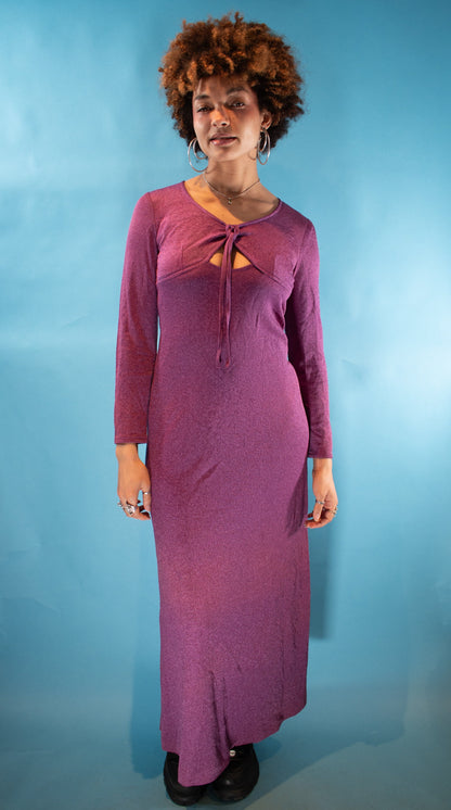 Vintage 1970s Size S Lurex Long Sleeve Maxi Dress in Purple.