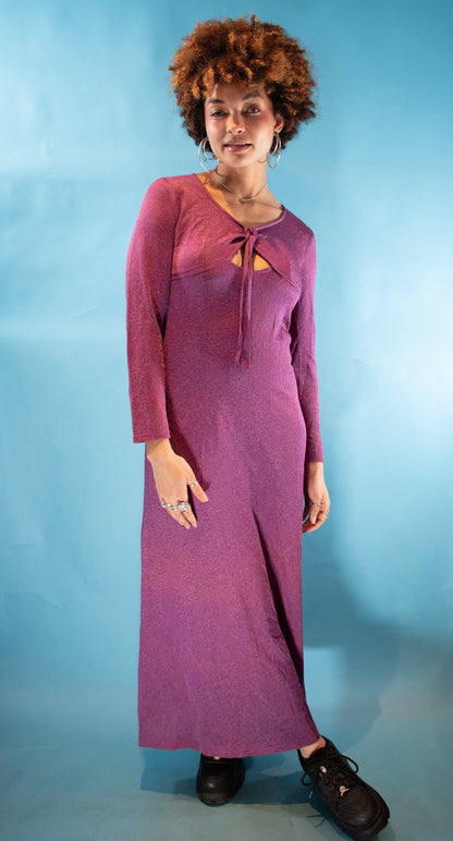 Vintage 1970s Size S Lurex Long Sleeve Maxi Dress in Purple.