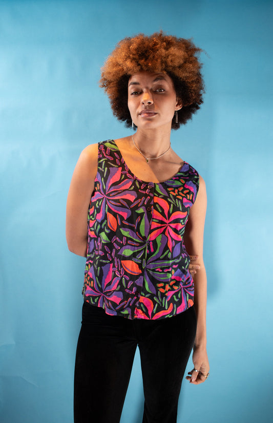 Vintage 1980s M Funky Floral Print Tank Top in Multi Neon.